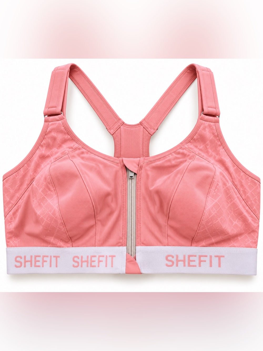 SHEFIT Ultimate Sports Bra 6Luxe Pink White High Impact Zip Front NWOT